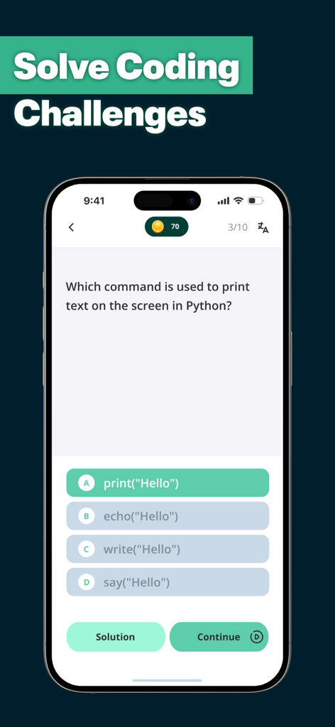 Learn Python・Ocean－AI Compile - Mobile app interface showing a multiple-choice Python programming challenge about print commands.
