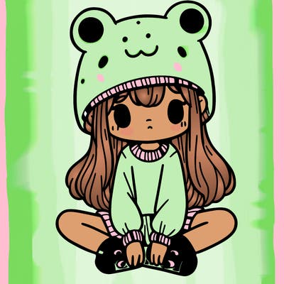 a girl wearing a frog hat and some frog socks