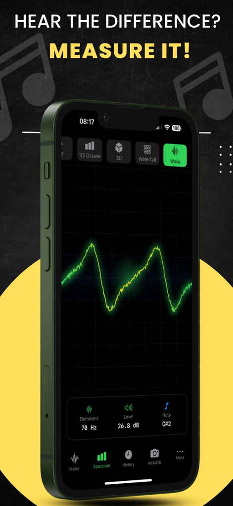 Smartphone showing the Decibel X PRO app with a green real time sound wave visualization and decibel level readings