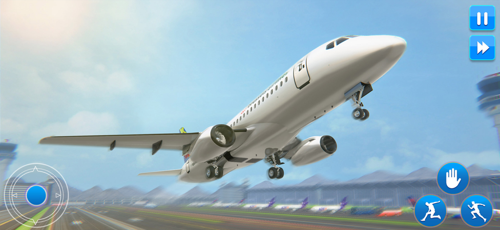 A passenger airplane taking off from an airport runway in a 3D simulation game