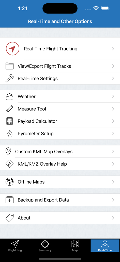 Hot Air - Main menu of the Hot Air app featuring flight tracking weather and payload calculator tools