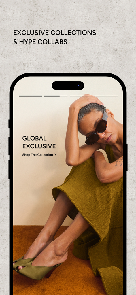 Tela do aplicativo Level Shoes apresentando coleções exclusivas globais de designers e calçados de luxo