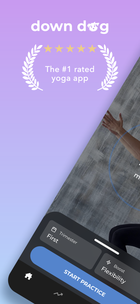 La schermata principale dell'app Yoga Prenatale Down Dog che mostra la sua valutazione a cinque stelle e le impostazioni della pratica