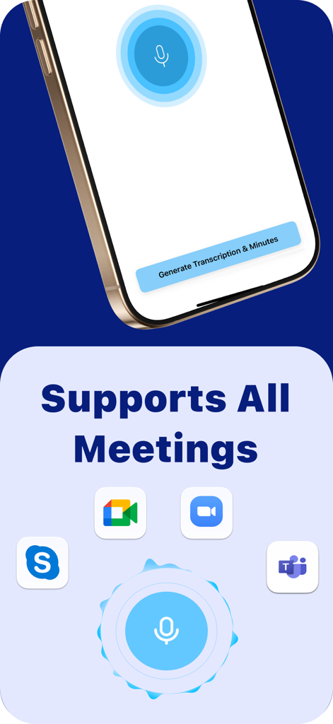 MinuteWise: AI Note Taker - MinuteWise AI Note Taker app interface showing compatibility with Google Meet Zoom Skype and Microsoft Teams.