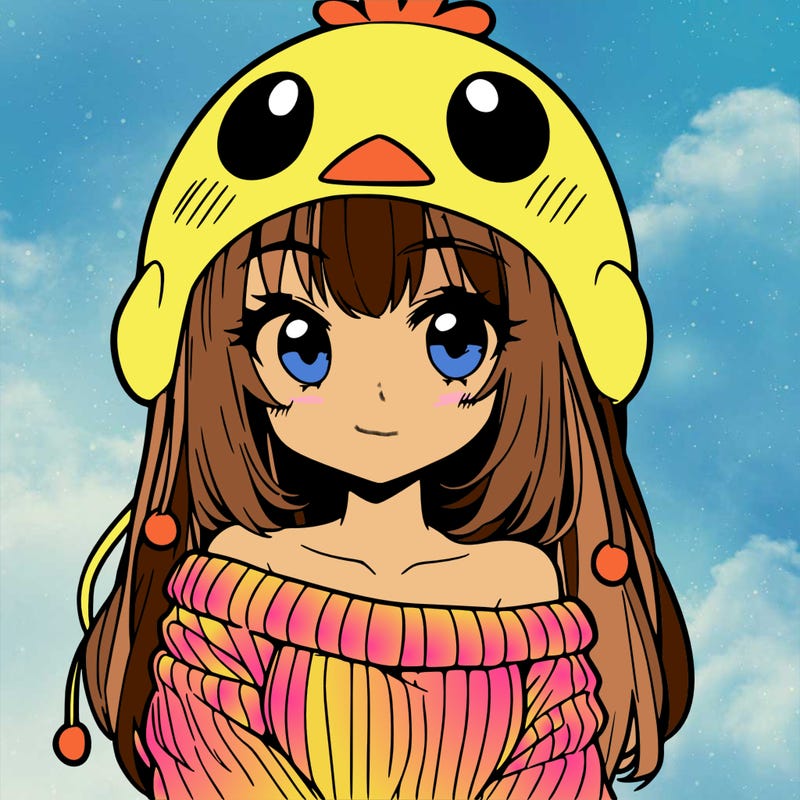 anime girl with chick shaped hat with sweater with bare shoulders with bangs covering them one eye with low tail