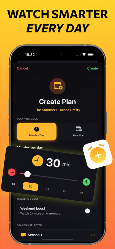 Mi Magis: TV Time Planner - L'application SeasonSprint montrant l'écran de création de plan pour suivre une émission de télévision avec un objectif de temps de visionnage quotidien