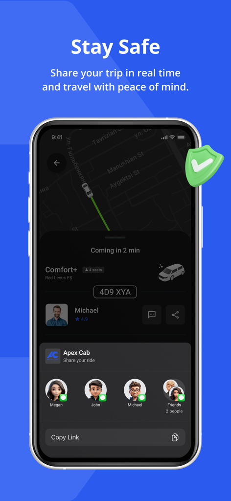 Apex Cab - Interface de l'application Apex Cab montrant le partage de trajet en temps réel pour la sécurité des passagers