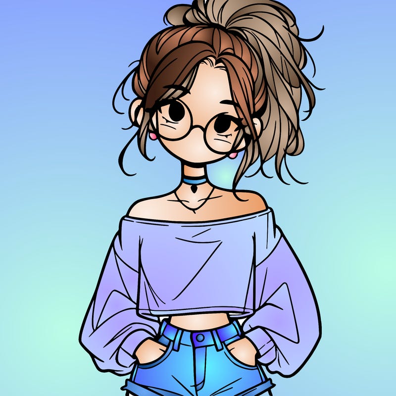 girl with a messy ponytail glasses a baggy crop top and jean shorts