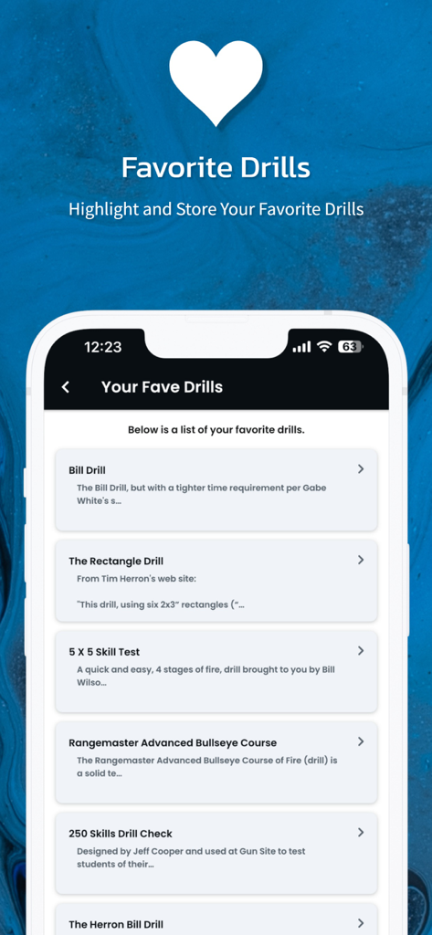 Range Buddy Pro - A list of favorite shooting drills in the Range Buddy Pro app, including the Bill Drill and 5x5 Skill Test.