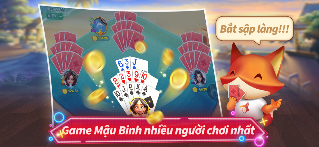 Mậu Binh Xập Xám Pro ZingPlay - Gameplay interface of Mau Binh Xap Xam Pro ZingPlay card game showing playing cards gold coins and a fox mascot
