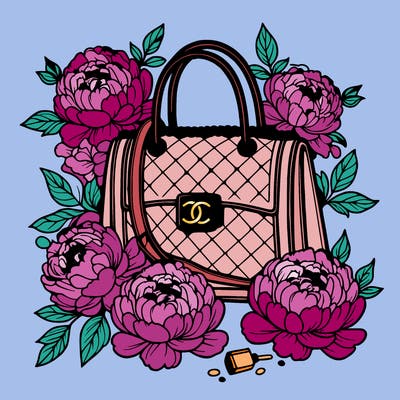 chanel handbag surrounded by peonies
