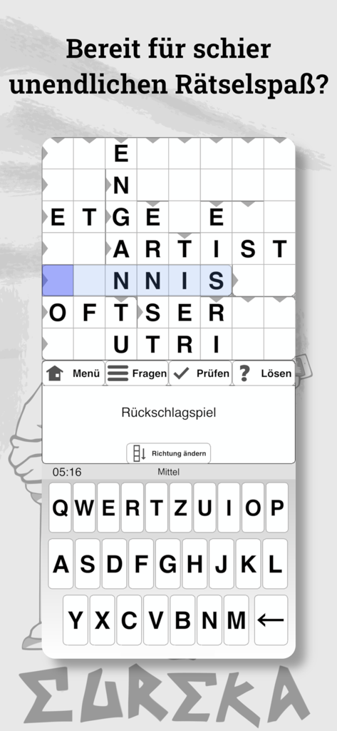 German crossword puzzle gameplay screen with a word grid and keyboard
