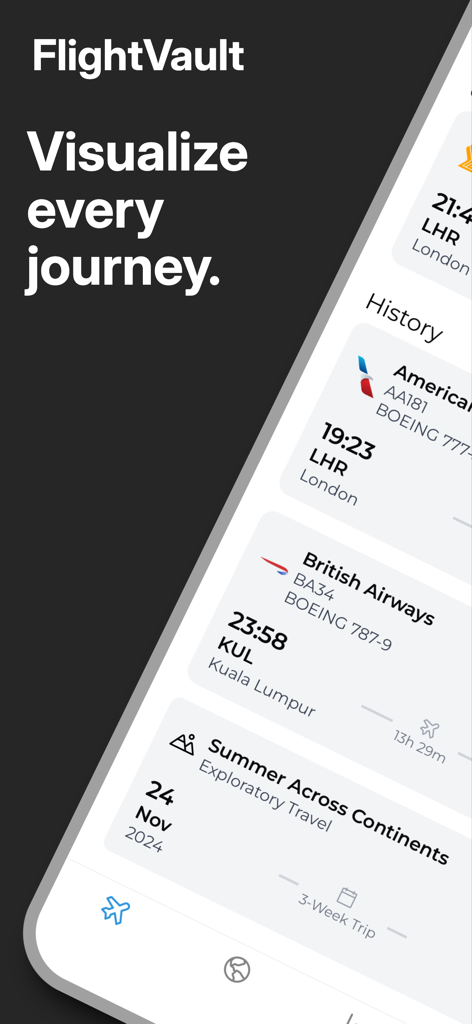 FlightVault app history screen showing a list of logged flights from American Airlines and British Airways with trip details