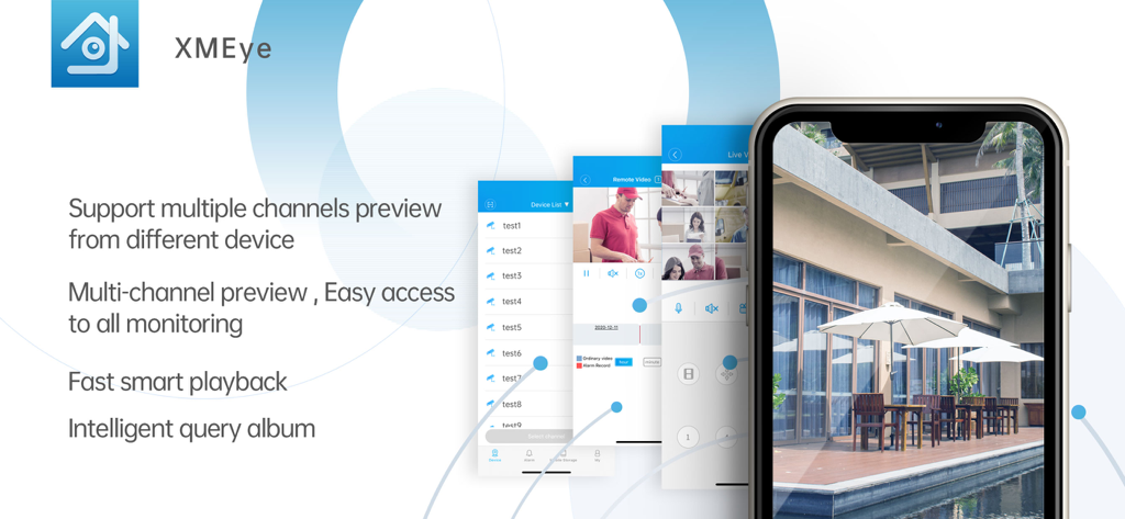 XMEye App Marketinggrafik, die Fernvideoüberwachung auf einem Smartphone mit Funktionen wie Mehrkanalvorschau und Smart-Wiedergabe zeigt.