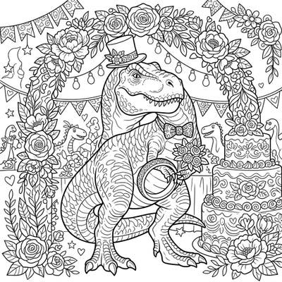 Get ready to color an unforgettable prehistoric party with this T-Rex Wedding coloring page! Dive into a whimsical scene where a colossal dinosaur groom, complete with top hat and bow tie, celebrates its special day surrounded by flowers, cake, and adorable guests.