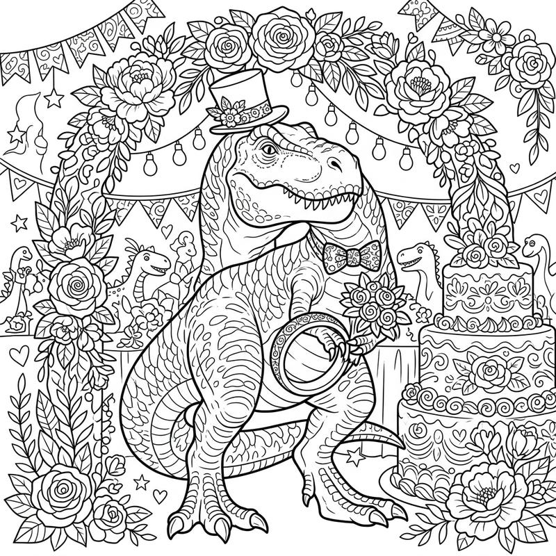 Get ready to color an unforgettable prehistoric party with this T-Rex Wedding coloring page! Dive into a whimsical scene where a colossal dinosaur groom, complete with top hat and bow tie, celebrates its special day surrounded by flowers, cake, and adorable guests.