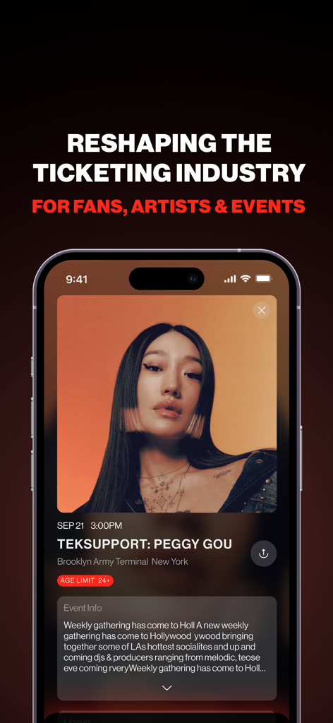 GETIN Wallet - Smartphone displaying GETIN Wallet app event details for a Peggy Gou concert in New York