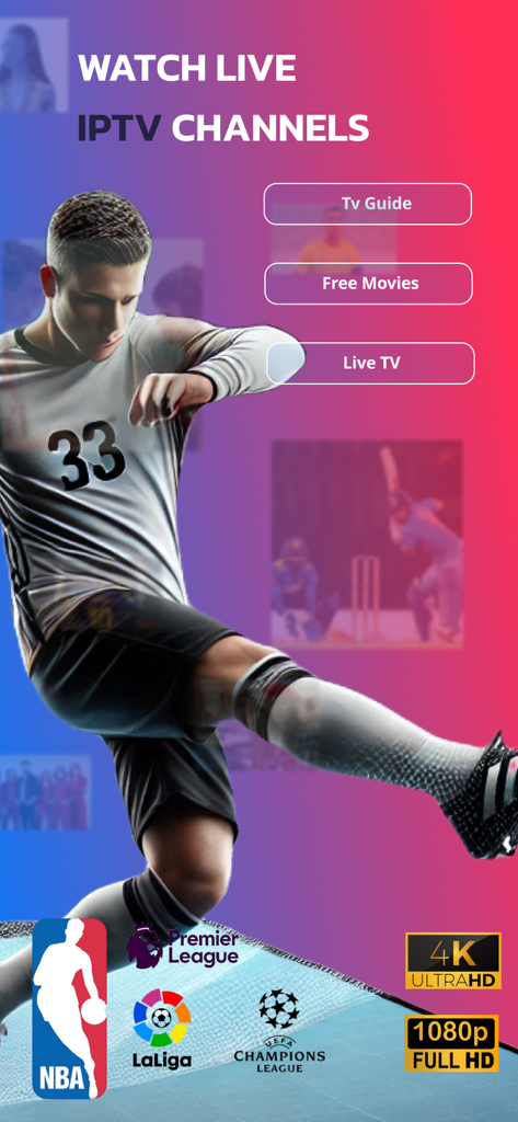 Interfaccia dell'app TV Stream Pro che mostra canali IPTV live con opzioni per sport, film e streaming 4K