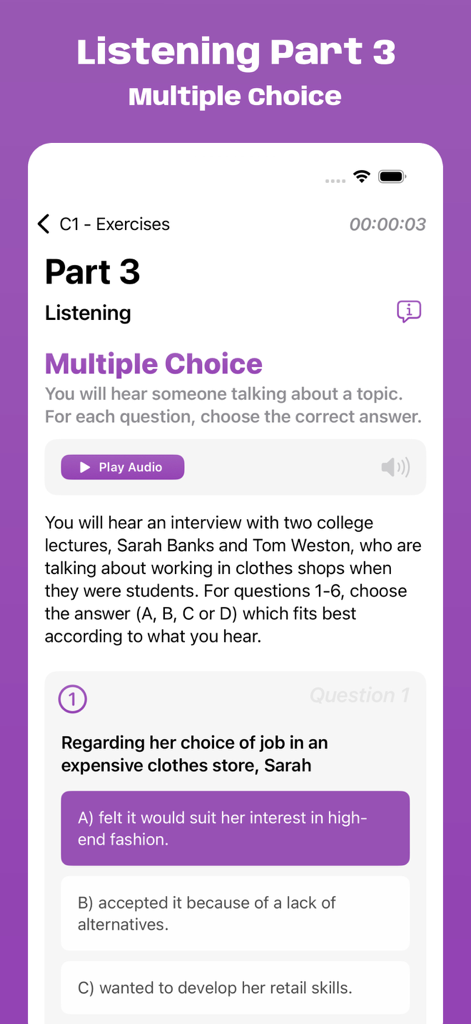 Interfaccia dell'app mobile Cambridge C1 Exam Simulator che mostra un esercizio a scelta multipla per la Parte 3 di Listening con controlli audio.