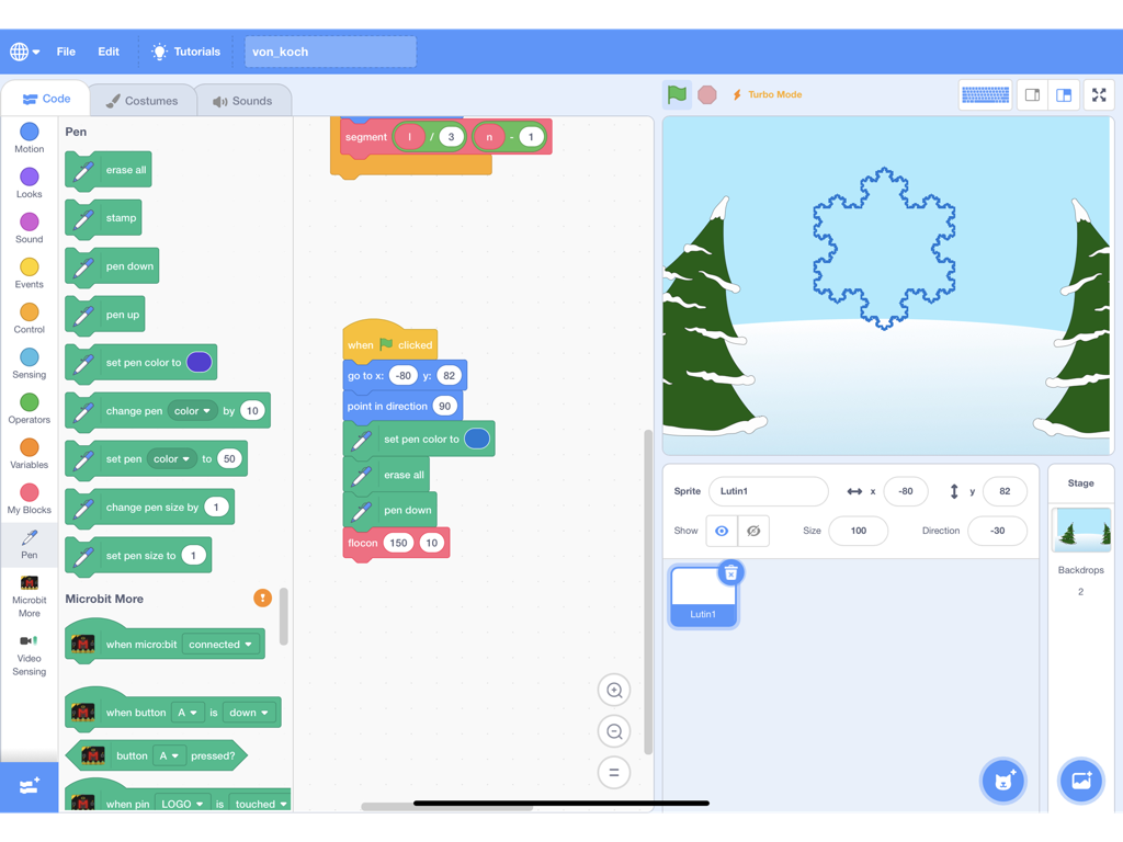 ScratchUP - Interface of ScratchUP on iPad showing a block-based code project and a fractal snowflake on the stage.