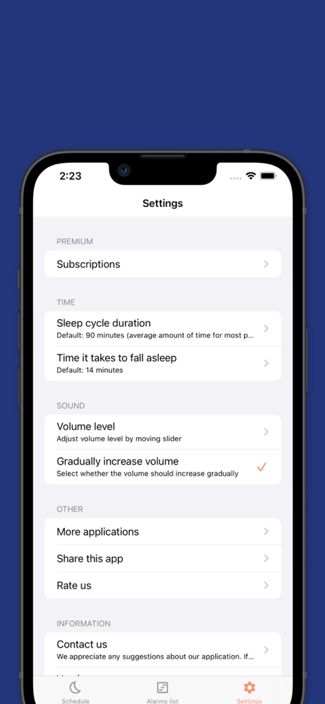 Sleep Cycle - Sleep Calculator - Menu delle impostazioni dell'app Sleep Cycle che mostra le preferenze di durata del sonno e del suono