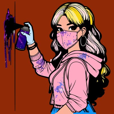 realistic girl with mask spray painting a wall