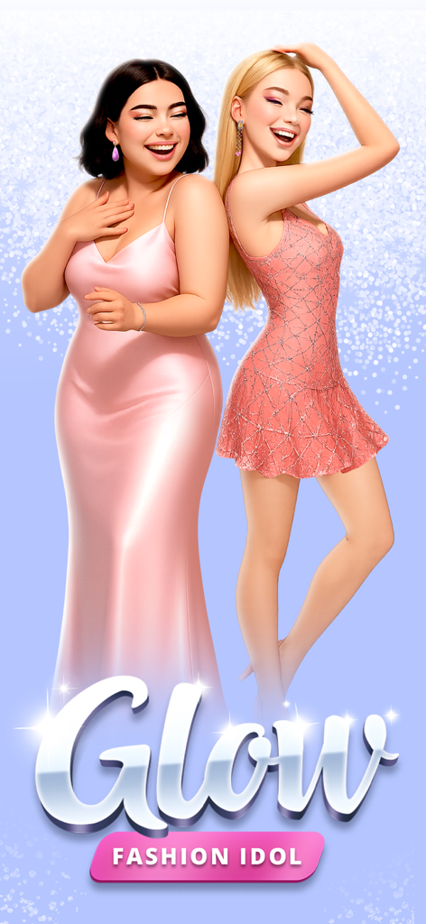 Glow Fashion Idol - Zwei Frauen in eleganten rosa Kleidern posieren für das Glow Fashion Idol Makeover-Spiel