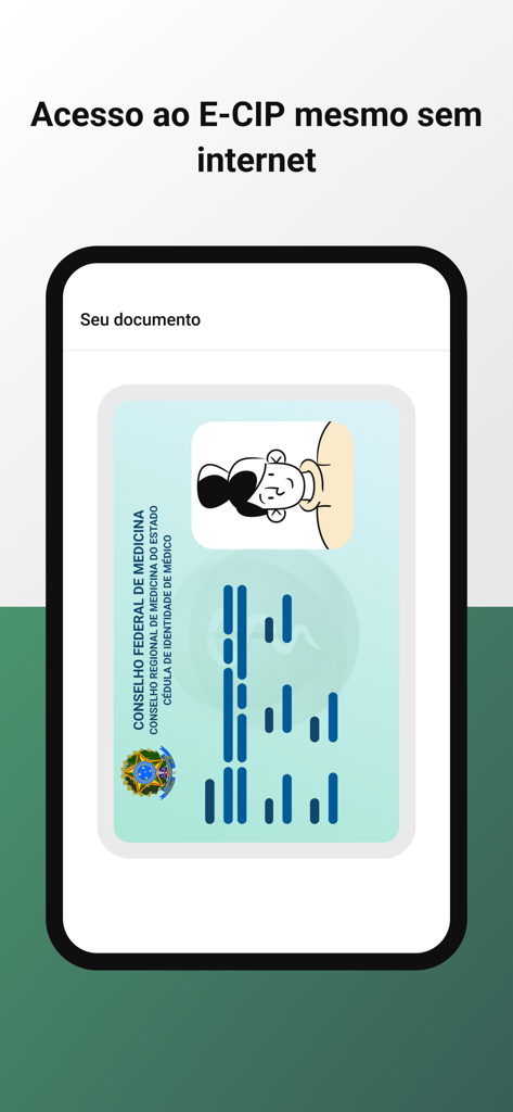 Credencial Médica - CFM - Smartphone displaying the Brazilian digital medical identity card with text indicating offline access.