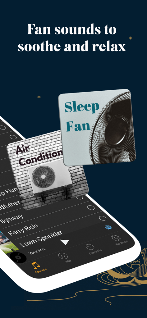 White Noise Deep Sleep Sounds - Benutzeroberfläche der Weiße-Rauschen-App mit Ventilator- und Klimaanlagengeräuschen zum Schlafen.