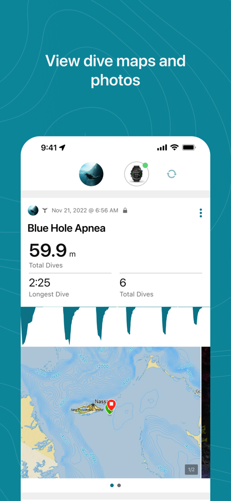 A screenshot of the Garmin Dive app showing a detailed dive log for Blue Hole Apnea with depth statistics and an interactive map