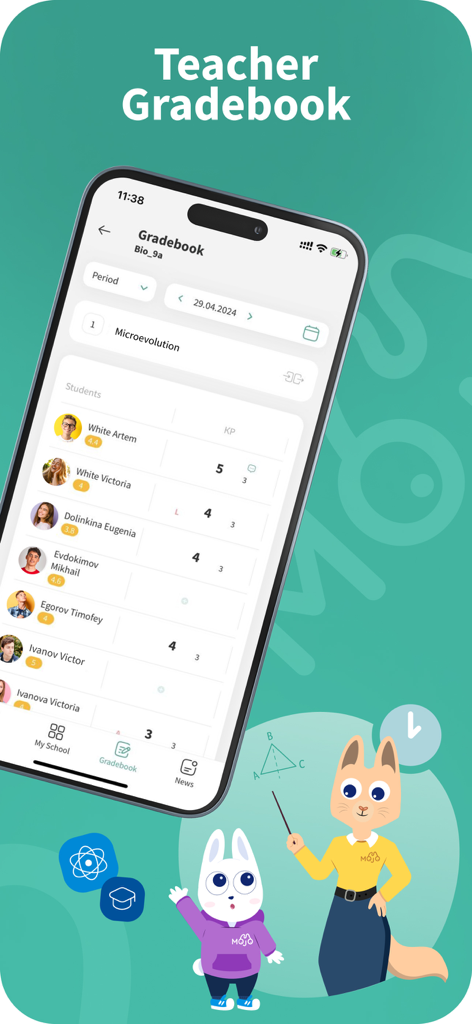 Mojo Education - Mojo Education mobile app interface showing a teacher gradebook with a list of students and their grades