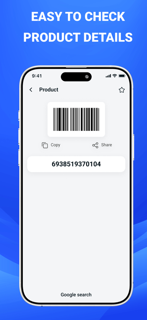 iQR Scanner Pro app interface showing a scanned barcode with product numeric code and options to copy or search on Google