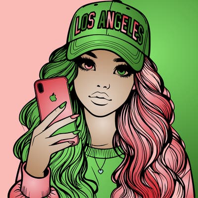 realistic beautiful girl wearing los ángeles cap holding an iphone