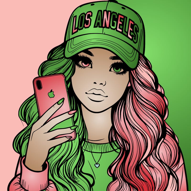 realistic beautiful girl wearing los ángeles cap holding an iphone