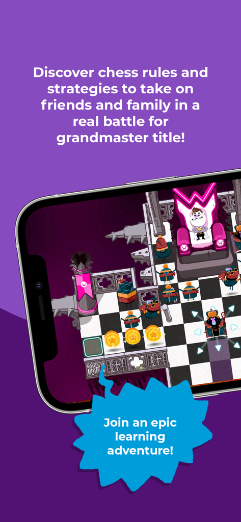 Écran de jeu de Kahoot Learn Chess DragonBox montrant un échiquier basé sur l'aventure avec des personnages de dessins animés.