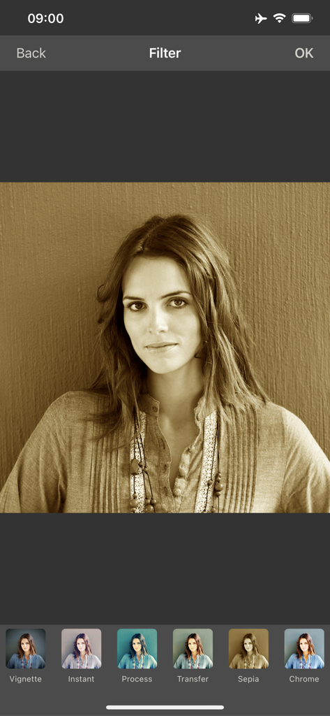 Round Photo - A woman's portrait in the Round Photo app with a sepia filter applied and a list of filter options at the bottom.