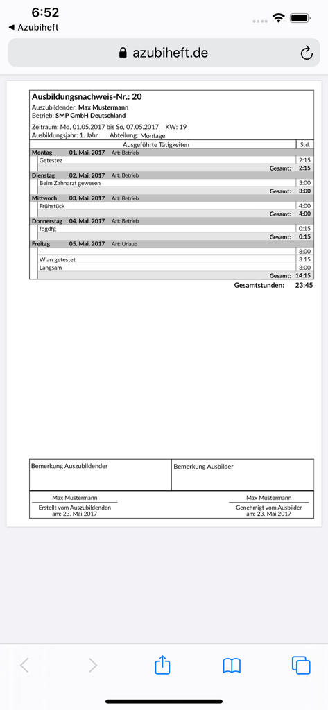 Azubiheft App - Digitaler Bericht über Berufsausbildungsprotokolle mit täglichen Einträgen und Stunden
