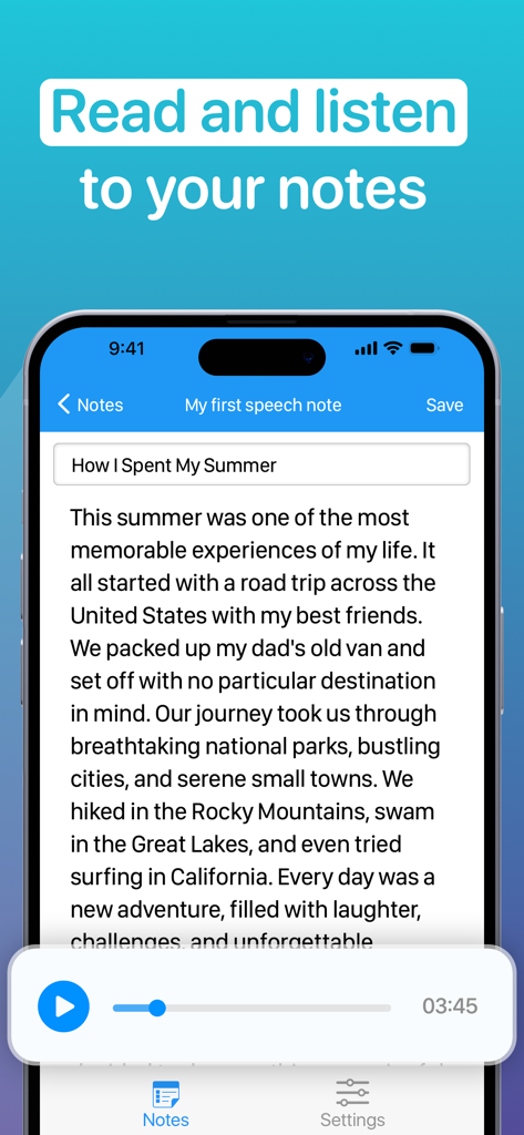 Speech to Text: Voice memos - Interfaz de la aplicación móvil mostrando una nota transcrita y un reproductor de audio para notas de voz