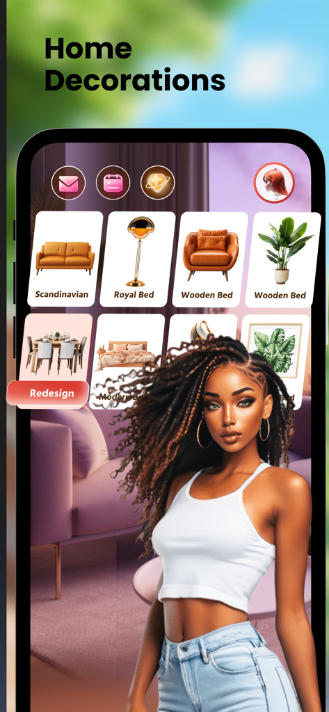 Enjoy - AI Town: the Game - Home decoration interface in the Enjoy AI Town game featuring furniture selection and a stylish avatar