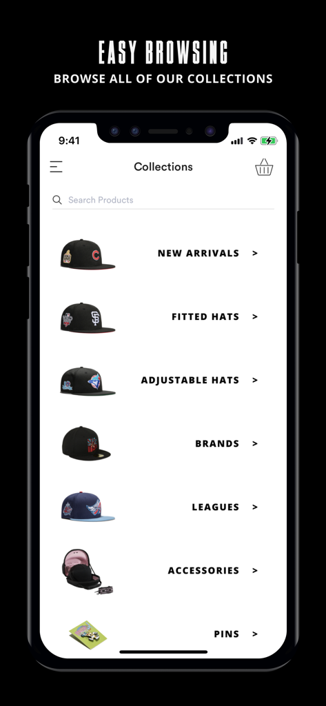 Hat Club - Bildschirm der Hat Club App Kollektionen, der verschiedene Hutkategorien und Kaufoptionen anzeigt.