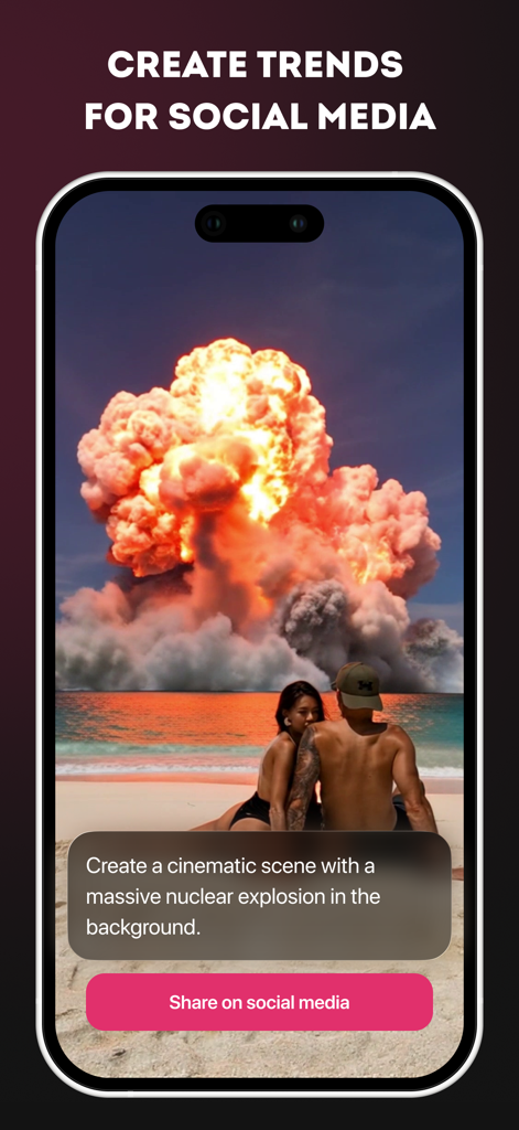 Yammi-App-Bildschirm, der eine von KI generierte filmische Explosionsszene an einem Strand mit einer Schaltfläche zum Teilen in sozialen Medien zeigt