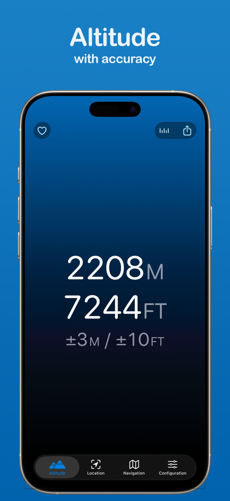 Altimeter app interface showing current altitude in meters and feet with accuracy readings on a dark background
