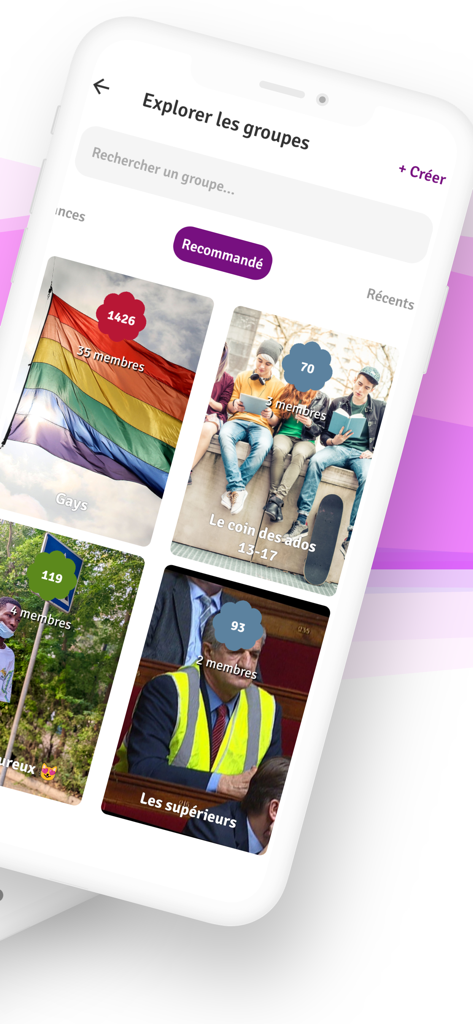 Sondago app interface displaying the explore groups section with community categories and member counts