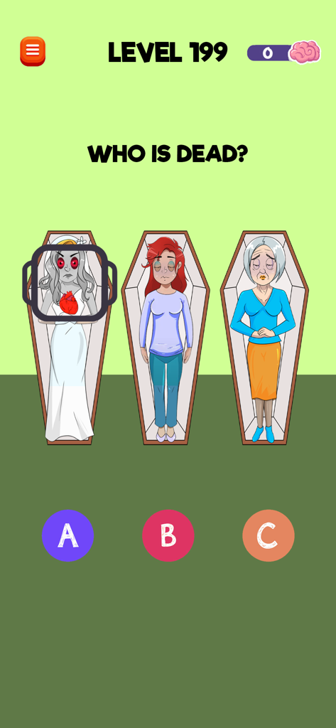 Riddle Test: Brain Teaser Game - A brain teaser puzzle level from Riddle Test asking who is dead featuring three women in coffins with a magnifying glass on a zombie bride.