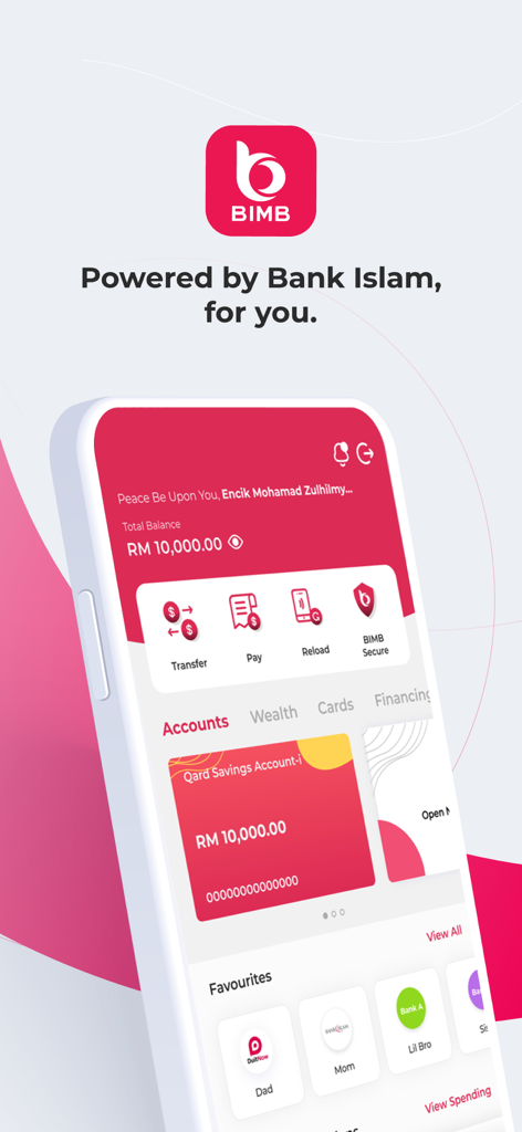 BIMB Mobile app dashboard displaying account balance and quick banking options like transfer and pay