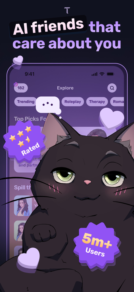 Dippy-AI Characters & Roleplay - Capture d'écran de l'application Dippy AI présentant un personnage de chat noir de style anime et le slogan 'AI friends'.