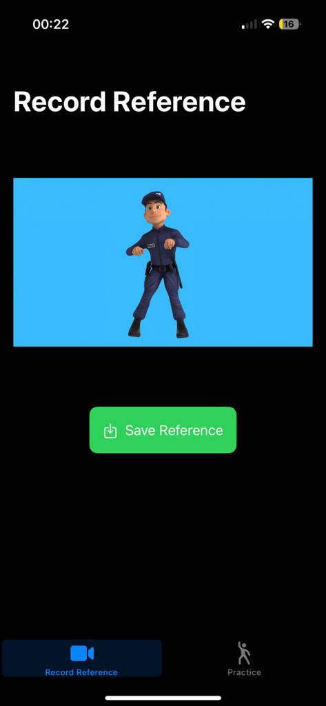 Screenshot of the Dance Helper app showing the Record Reference screen with an animated character and a Save Reference button.