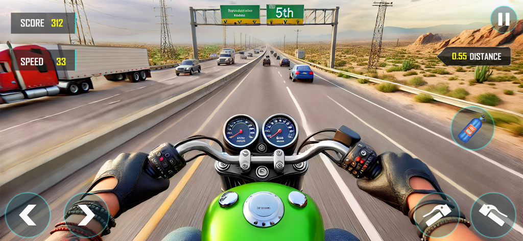 City Bike Driving 3D Openworld - First person view of a green motorcycle driving on a highway with traffic