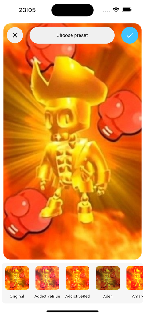 Interfaccia dell'app Stumble Guys che mostra uno sfondo con personaggio scheletro dorato con preset di filtri e opzioni di modifica.