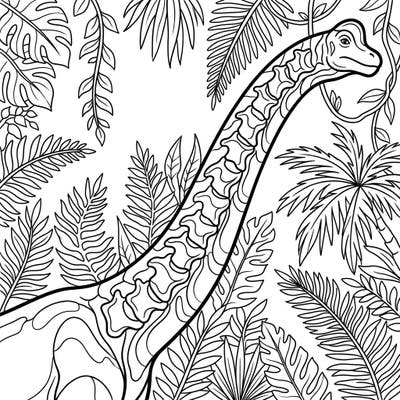 Embark on a prehistoric journey with this captivating Brachiosaurus neck coloring page, thoughtfully designed to provide a relaxing and stimulating artistic experience for seniors. Featuring bold lines and intricate jungle foliage, it offers a perfect blend of engagement and comfort.